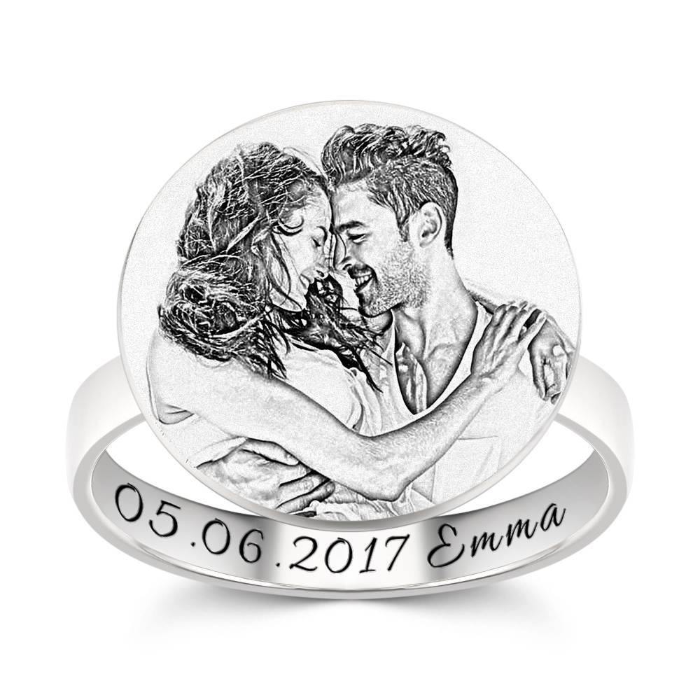 Photo Ring with Engraving Platinum Plated Silver Round-shaped, Girlfriend Gift
