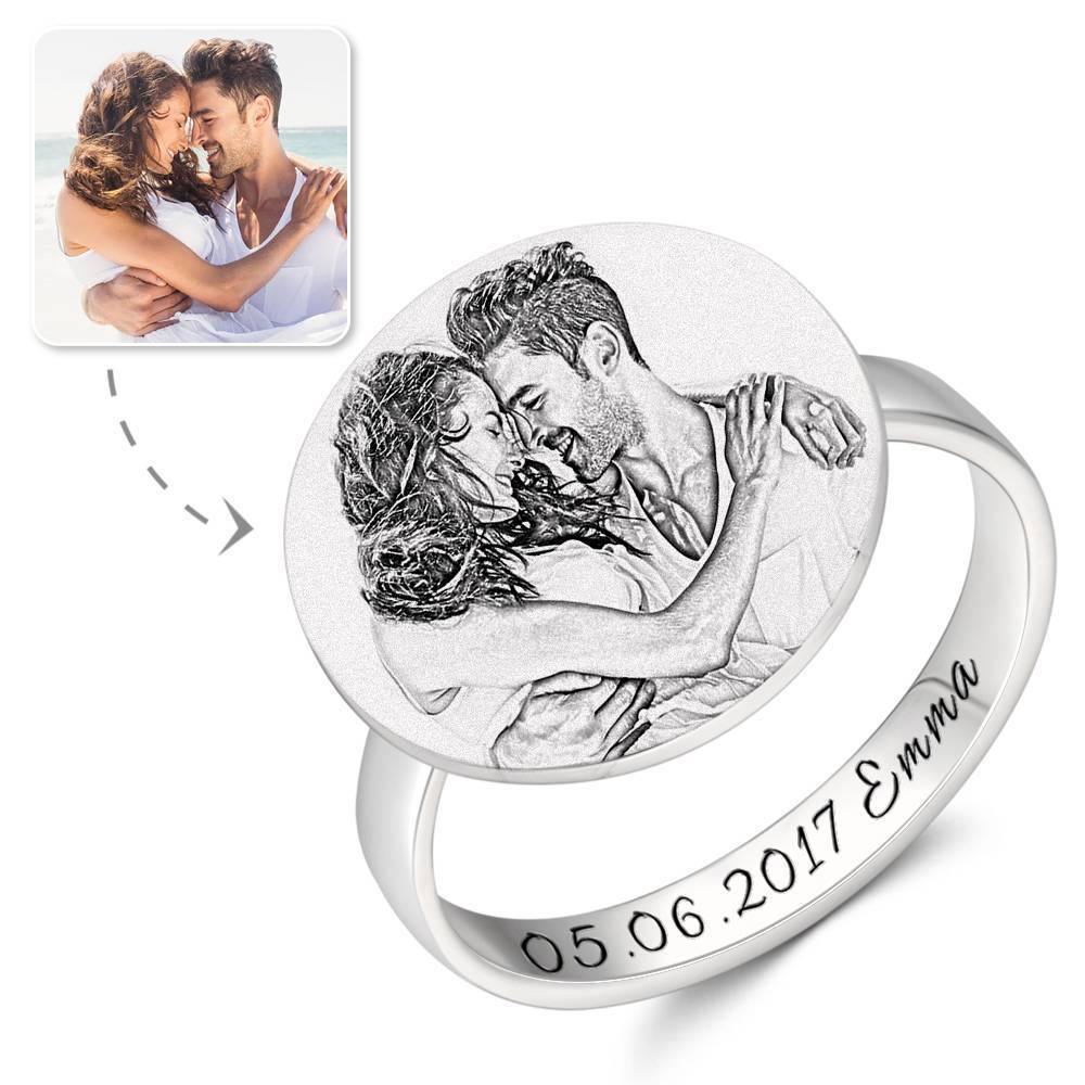 Photo Ring with Engraving Platinum Plated Silver Round-shaped, Girlfriend Gift
