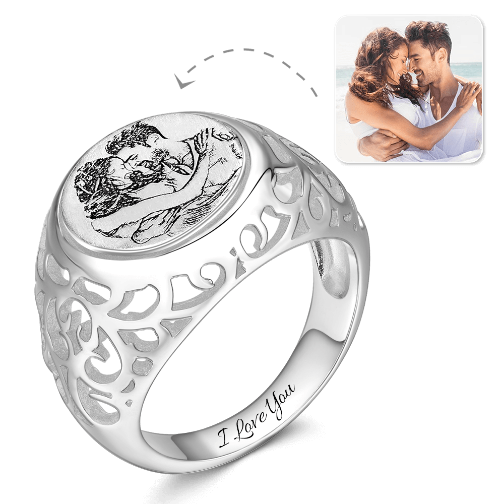 Women's Photo Engraved Ring with Engraving Silver