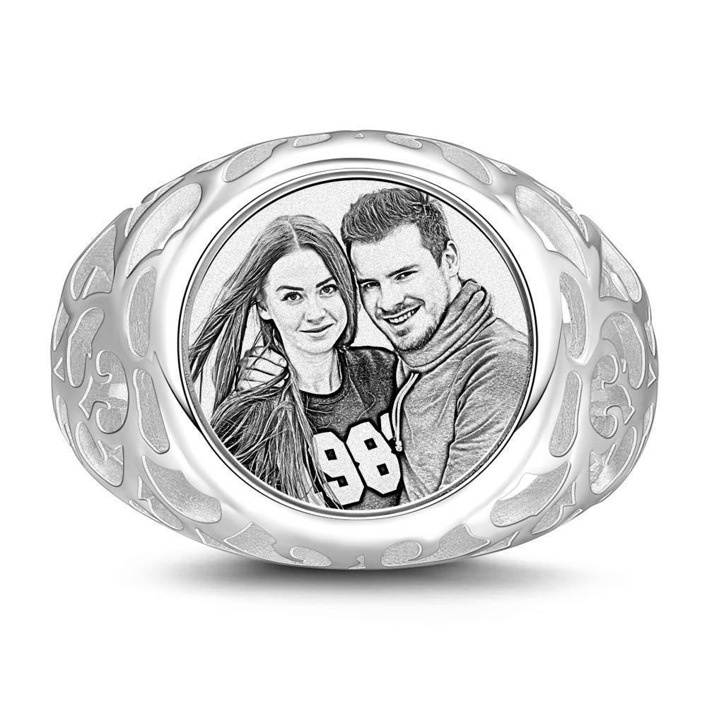 Photo Ring with Engraving Platinum Plated Silver Oval-shaped, Girlfriend Gift