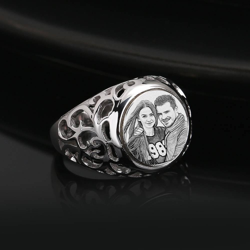 Photo Ring with Engraving Platinum Plated Silver Oval-shaped, Girlfriend Gift