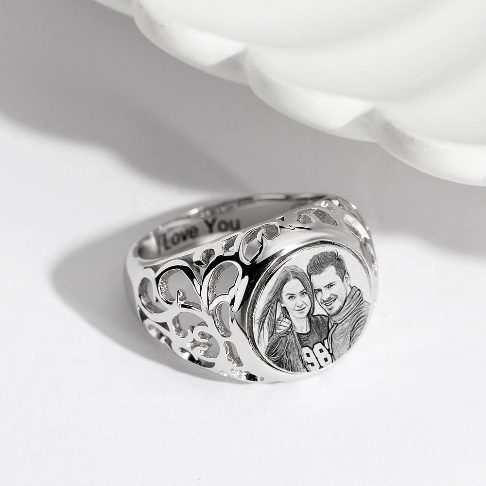 Photo Ring with Engraving Platinum Plated Silver Oval-shaped, Girlfriend Gift