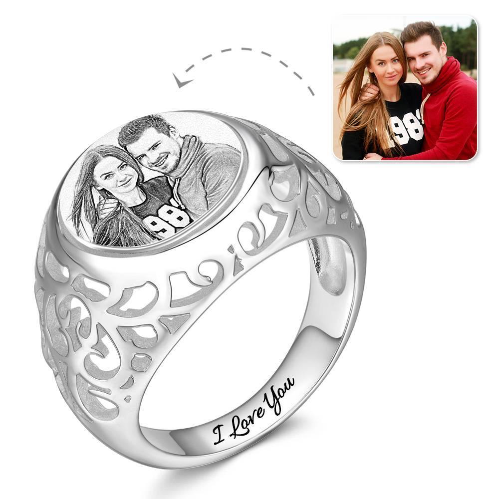 Photo Ring with Engraving Platinum Plated Silver Oval-shaped, Girlfriend Gift