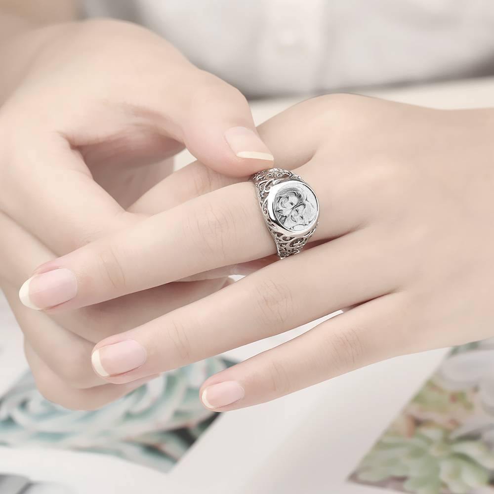 Photo Ring with Engraving Oval-shaped Platinum Plated Silver, Best Mom