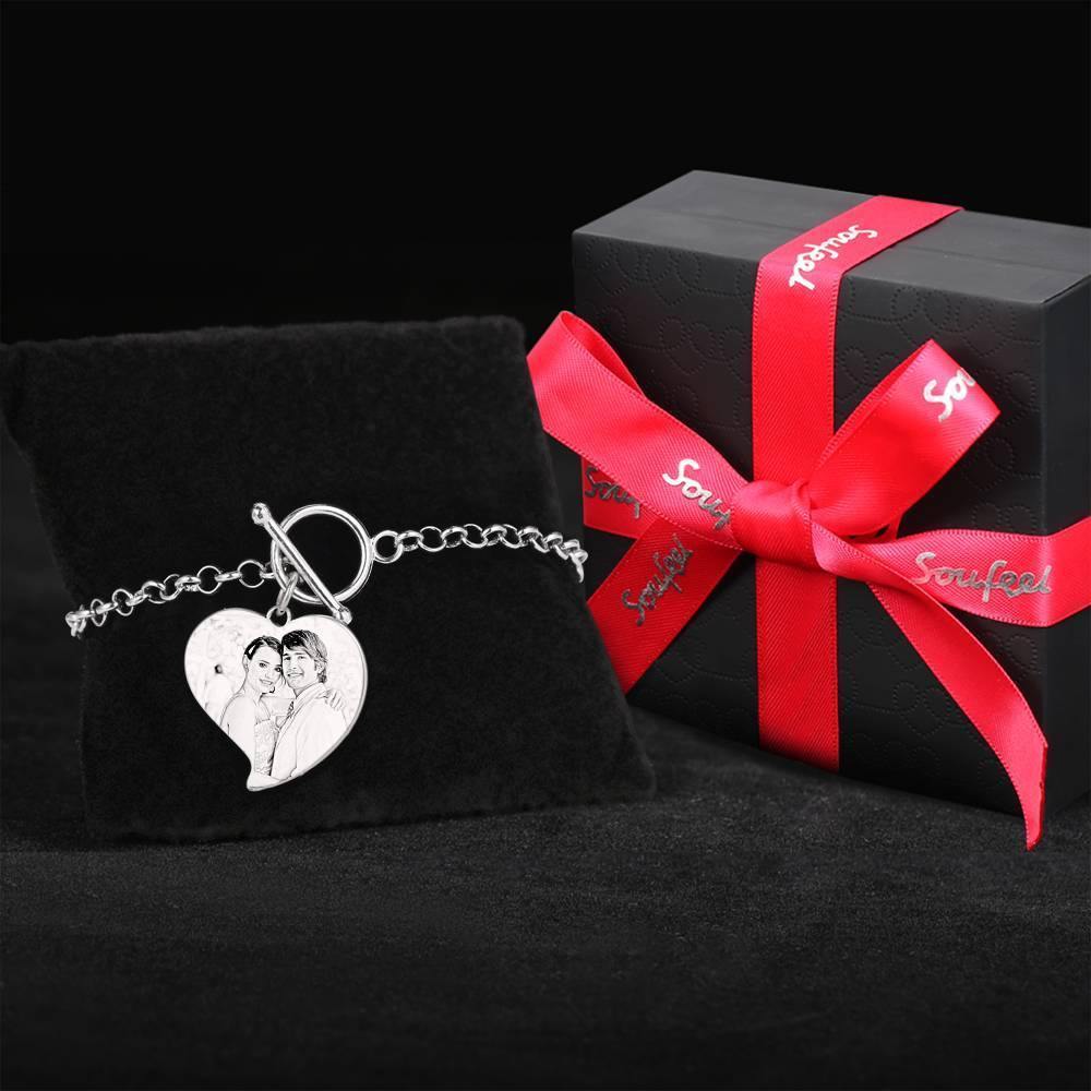 Women's Heart Photo Engraved Tag Bracelet with Engraving Silver - soufeelus