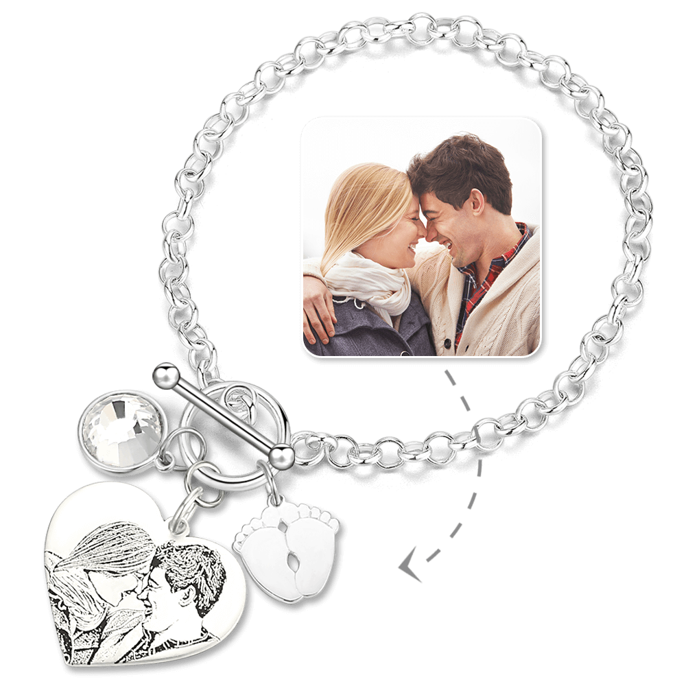 Women's Photo Engraved Tag Bracelet with Engraving Silver - soufeelus