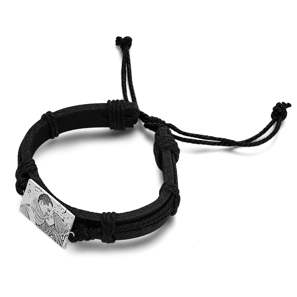 Men's Leather Bracelet Rectangle Photo Engraved Tag Bracelet Black Leather Strap - soufeelus