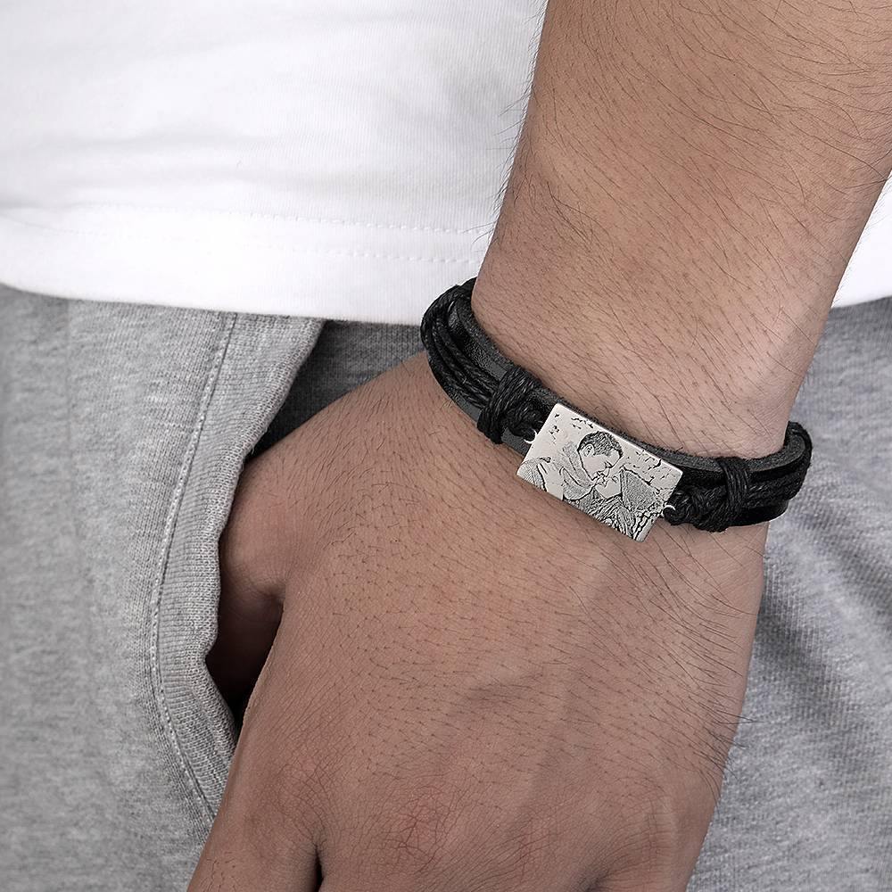 Men's Leather Bracelet Rectangle Photo Engraved Tag Bracelet Black Leather Strap