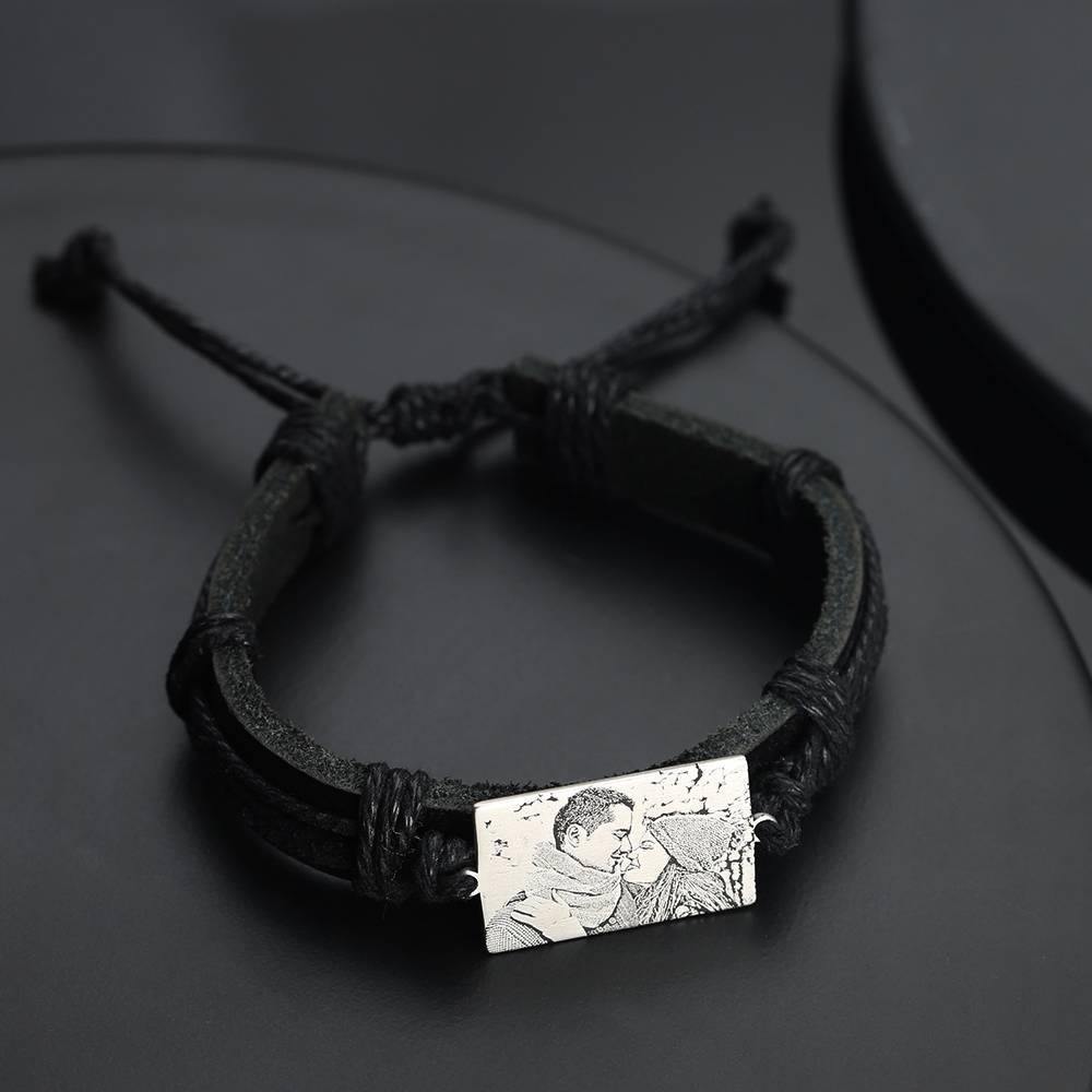 Men's Leather Bracelet Rectangle Photo Engraved Tag Bracelet Black Leather Strap - soufeelus