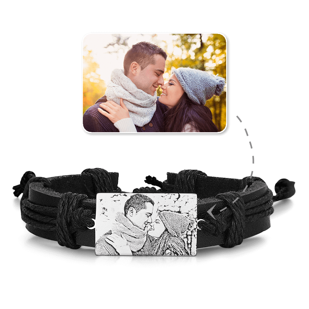 Men's Leather Bracelet Rectangle Photo Engraved Tag Bracelet Black Leather Strap