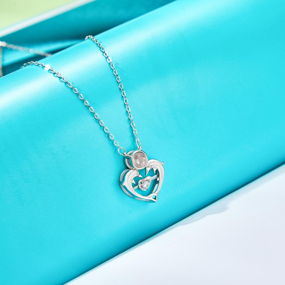 Custom Photo Projection Necklace Dolphin Heart Shaped Photo Necklace Gift for Women - soufeelus