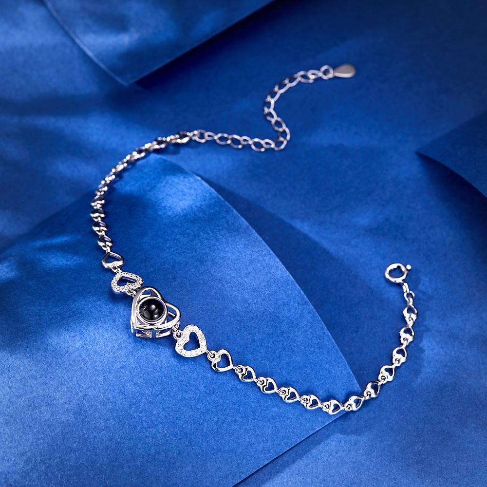 Custom Photo Projection Heart Link Bracelet Personalized Sterling Silver Bracelet -