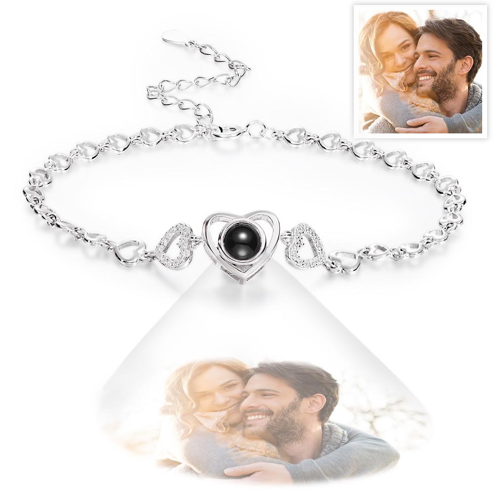 Custom Photo Projection Heart Link Bracelet Personalized Sterling Silver Bracelet -