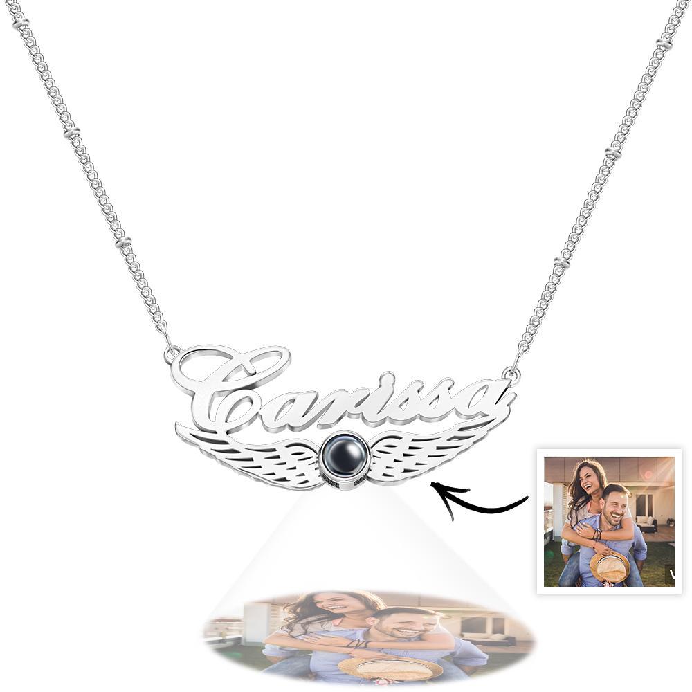 Angel Wing Projection Necklace with Name Customized Memorial Photo Name Pendant Personalized Picture Inside Jewelry - soufeelus