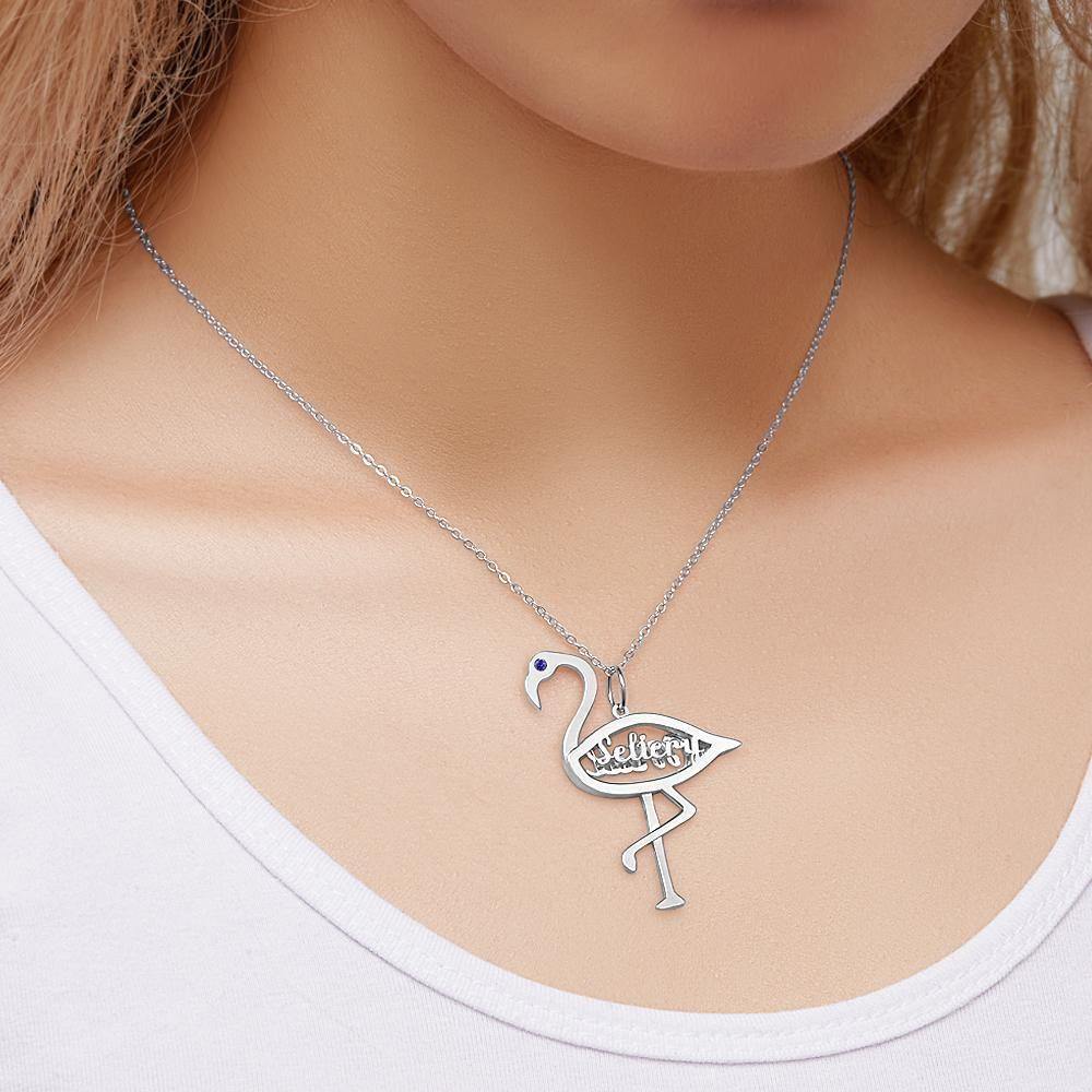 Name Necklace with Birthstone Necklace Flamingo Pendant Unique Gifts Silver - soufeelus