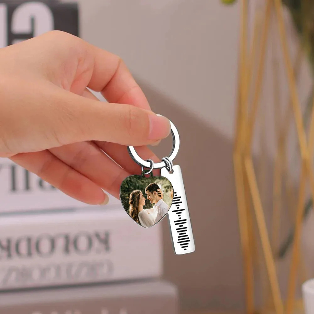 Personalized Scannable Music Code Keychain Custom Picture & Music Song Code Heart Couples Photo Keyring Gifts for Boyfriend - soufeelus