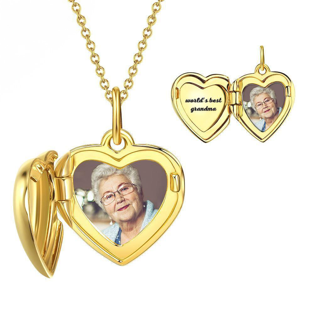 Engraved Heart Photo Locket Necklace 14k Gold Plated Silver