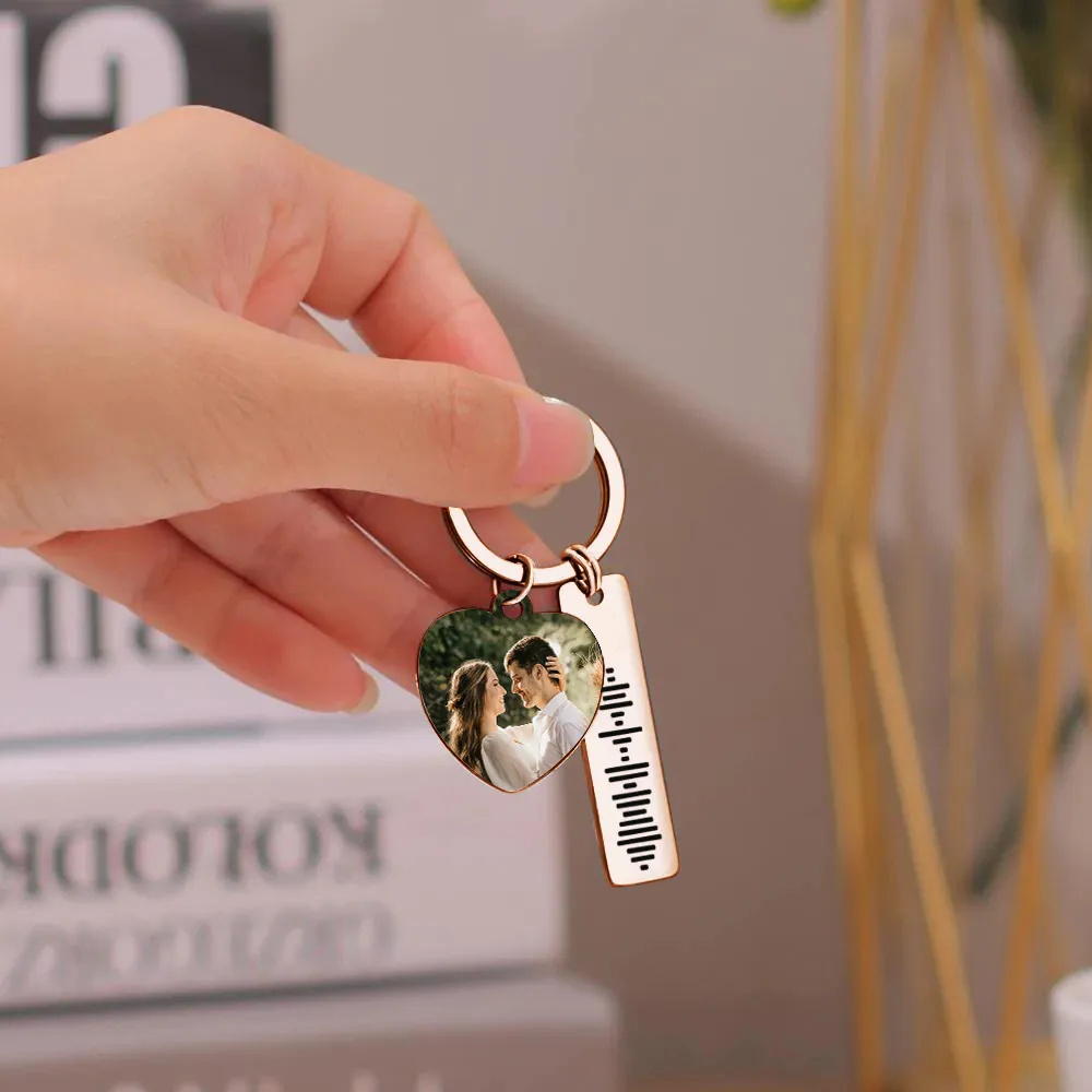 Personalized Scannable Music Code Keychain Custom Picture & Music Song Code Heart Couples Photo Keyring Gifts for Boyfriend - soufeelus
