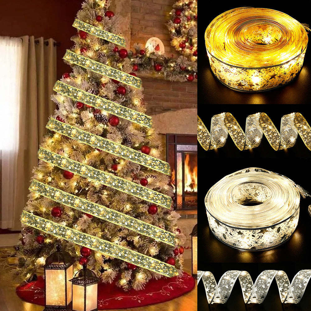 Christmas Fairy Lights Xmas Tree Ribbon Lights Copper Wire Ribbon Bows Lights for Holiday Party Decoration - soufeeluk