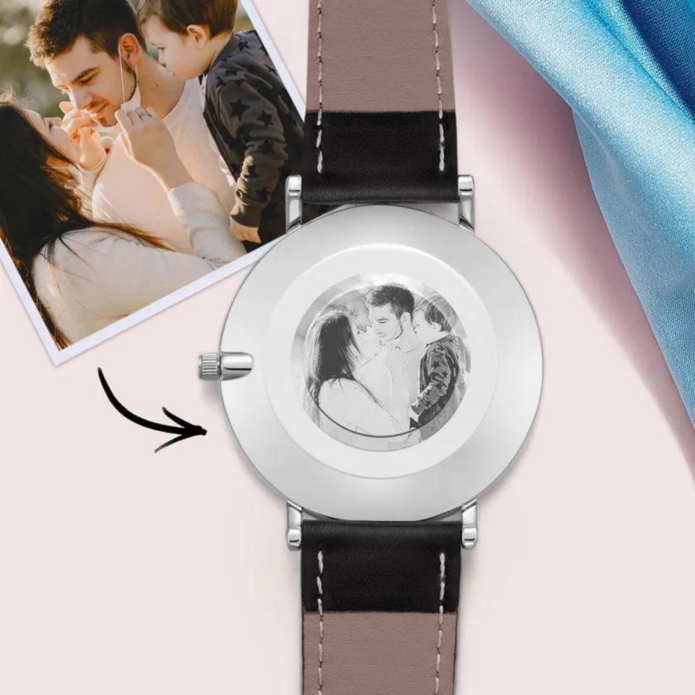 Personalised Photo Engraved Watch Black Leather Strap Men's Gifts