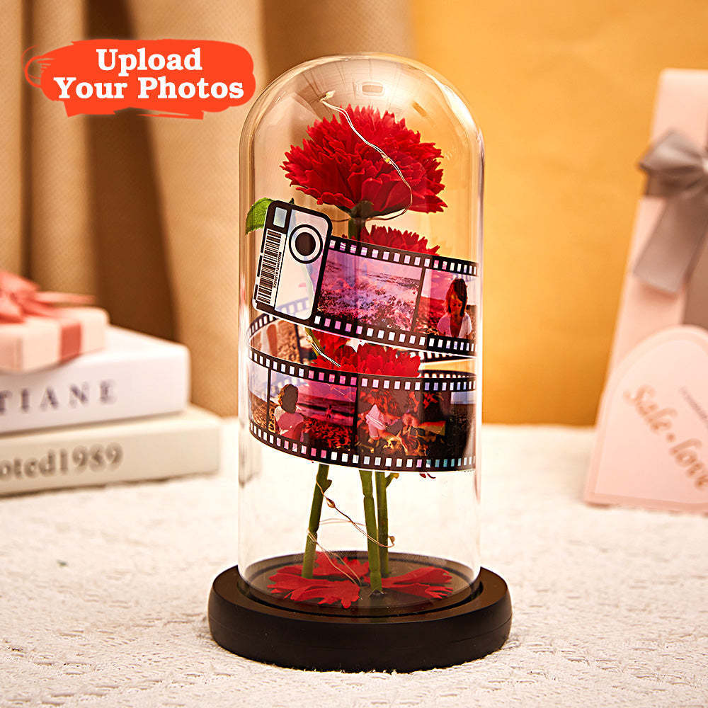 Custom Carnation Flower in Glass Led Lamp Photo Album with Film Black Base Gift for Mother's Day - soufeeluk