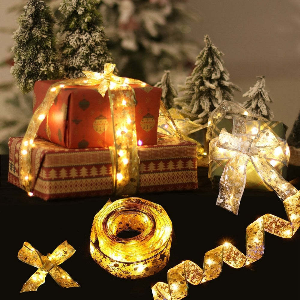 Christmas Fairy Lights Xmas Tree Ribbon Lights Copper Wire Ribbon Bows Lights for Holiday Party Decoration - soufeeluk