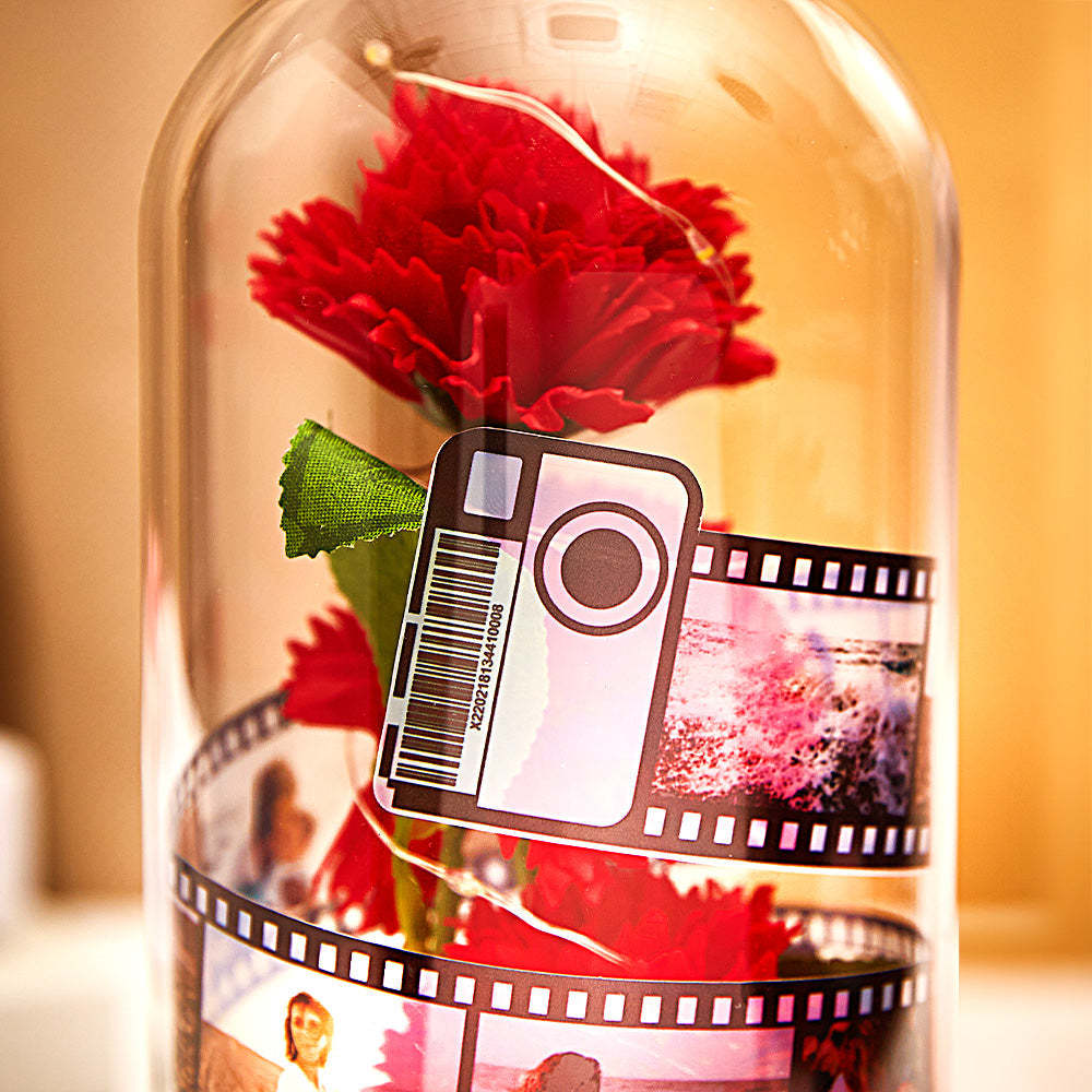 Custom Carnation Flower in Glass Led Lamp Photo Album with Film Black Base Gift for Mother's Day - soufeeluk