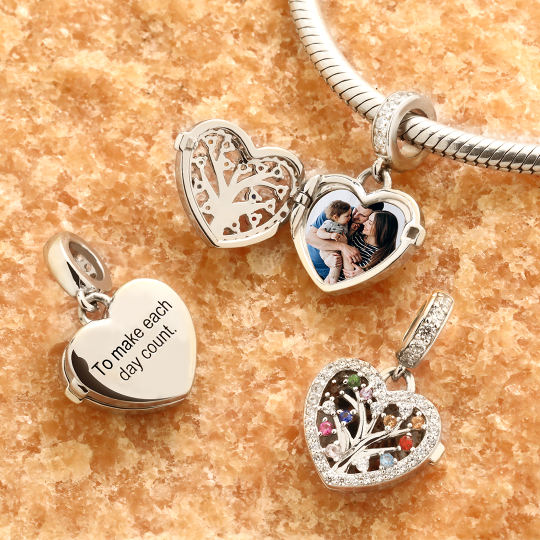 Custom Photo Engraved Charm Family Tree Diamond Heart Gifts