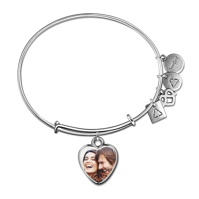 Engraved Complete Heart Photo Charm Bangle Special Alloy