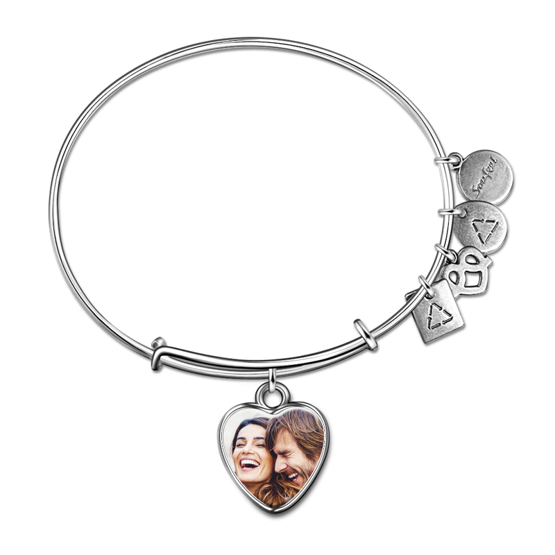 Engraved Complete Heart Photo Charm Bangle Special Alloy