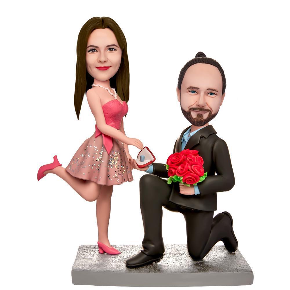A Couple Proposing Marriage Custom Bobblehead With Engraved Text