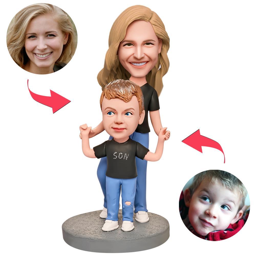 Mothers Day Gift Mother and Son in Black Shirts Custom Bobblehead with Engraved Text - soufeeluk