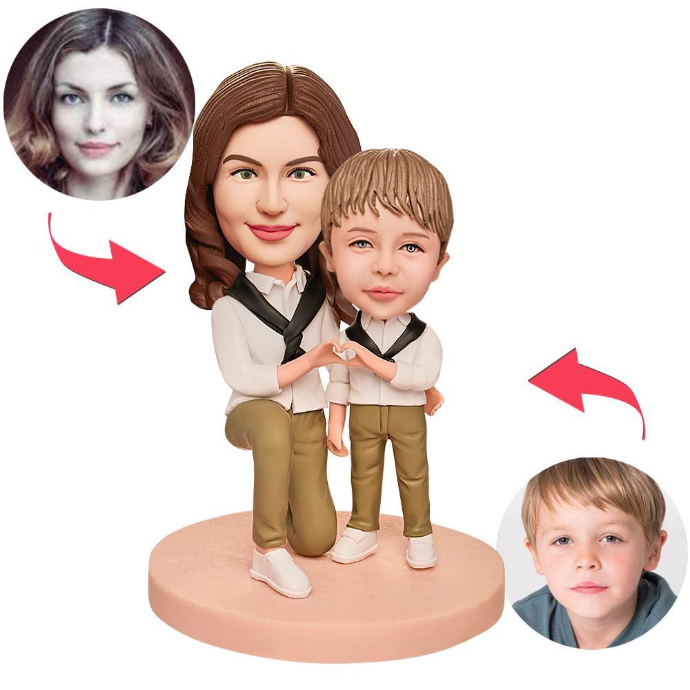 Mothers Day Gift Mother and Son Make a Heart Custom Bobblehead with Engraved Text - soufeeluk