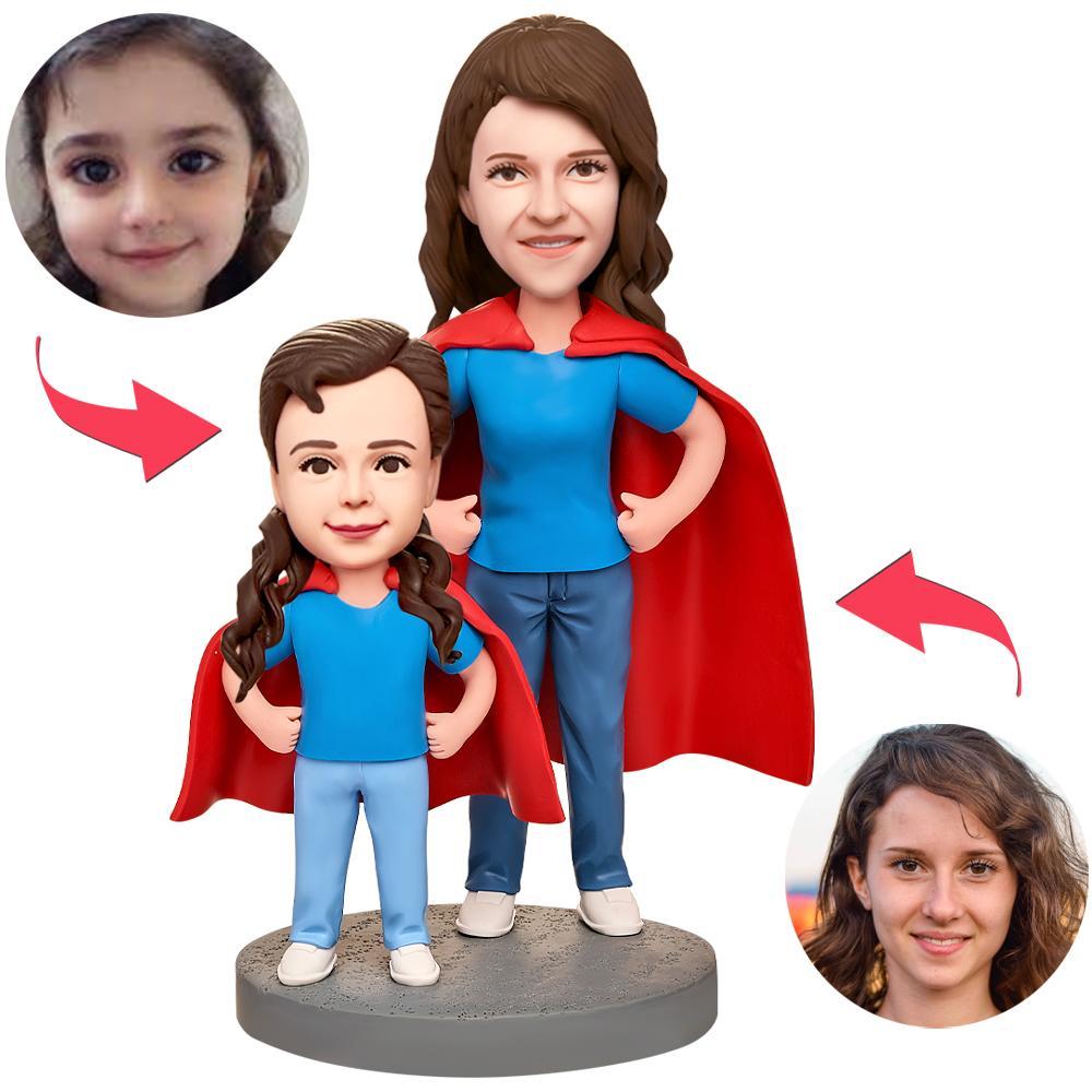 Mothers Day Gift Super Mother and Daughter Custom Bobblehead with Engraved Text - soufeeluk