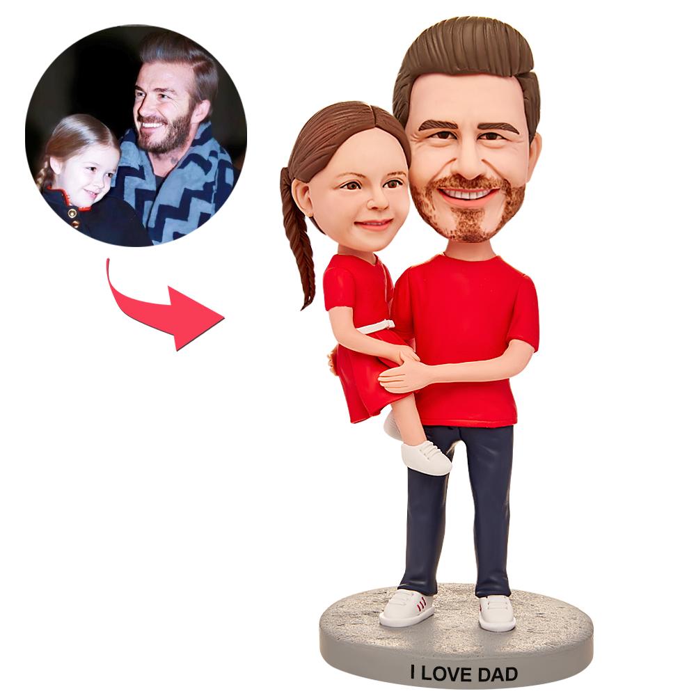 Custom Happy Father Daughter In Red T-Shirt Custom Figure Bobblehead - soufeeluk