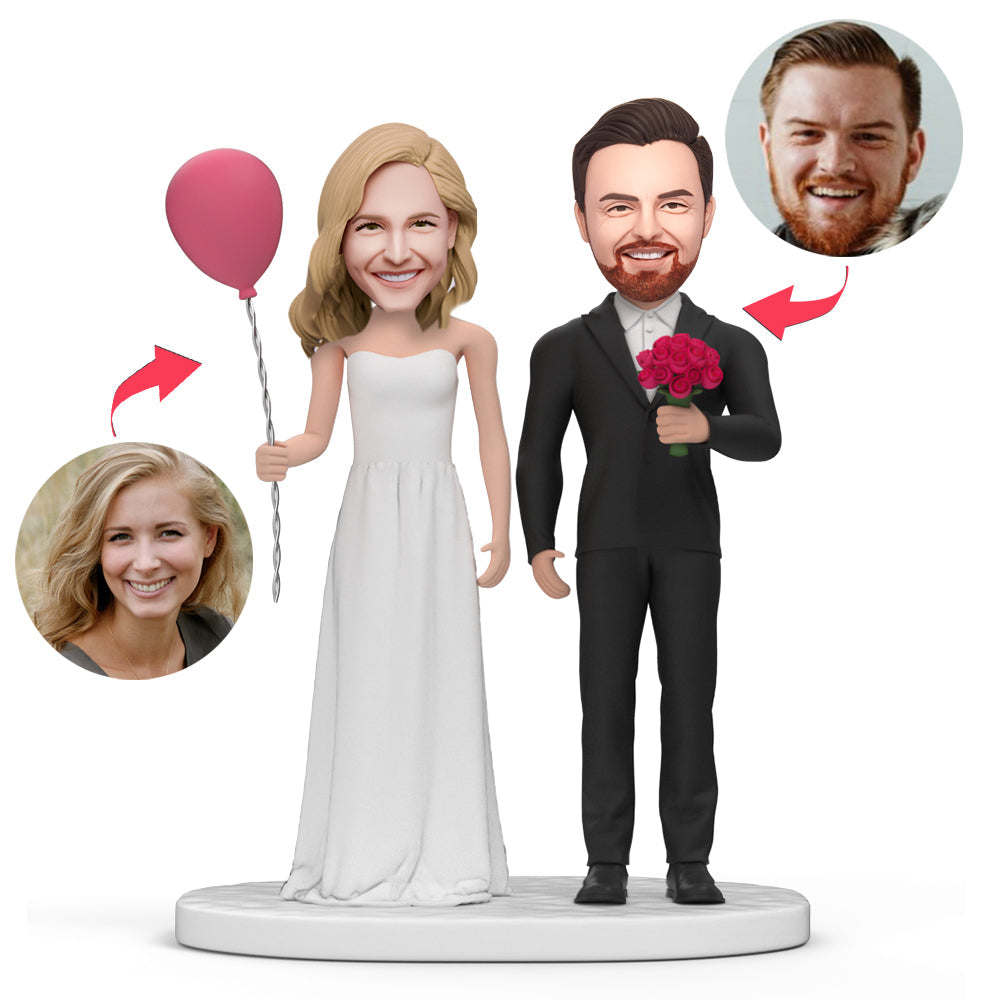 Groom Bride With Balloon Flowers Custom Bobblehead With Engraved Text - soufeeluk