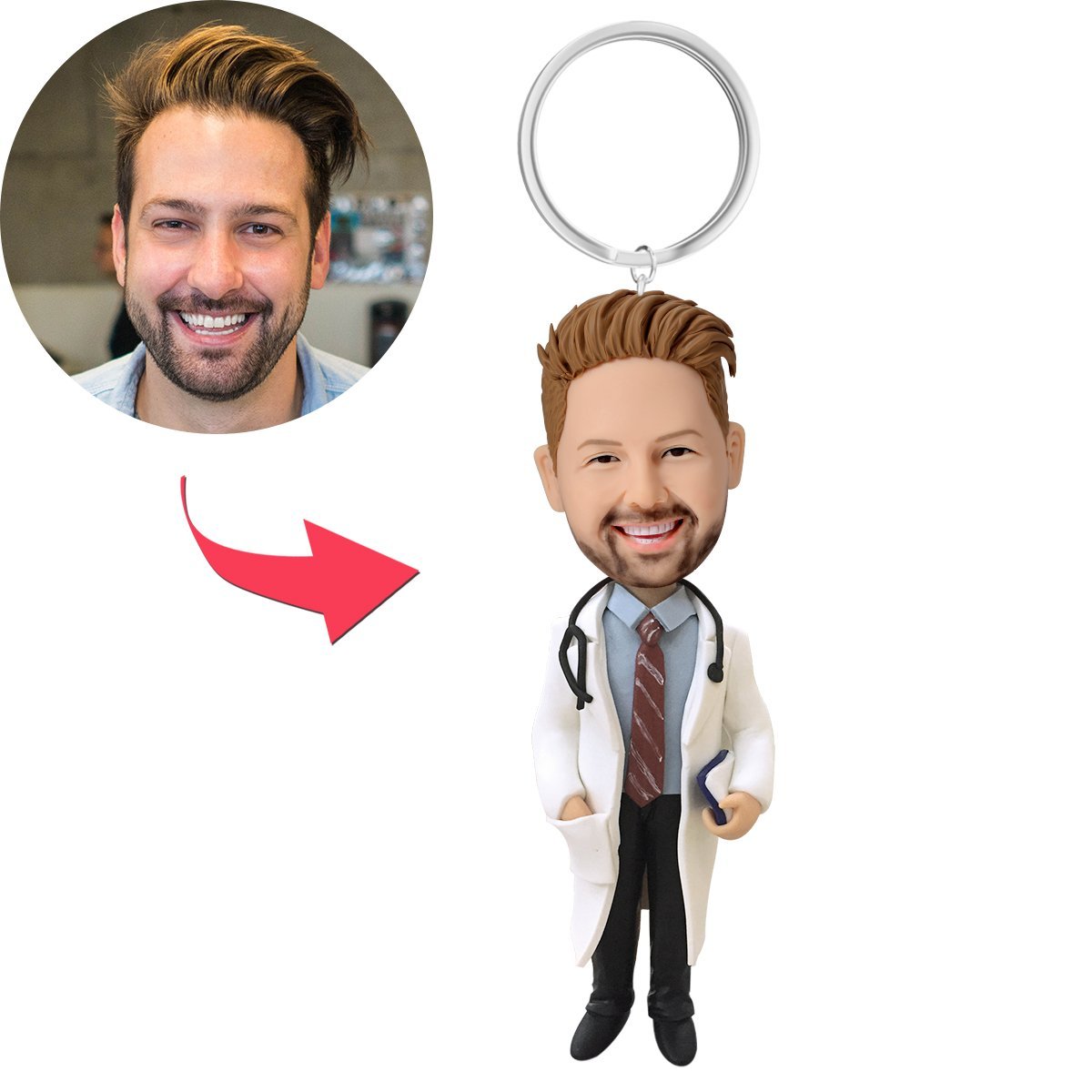Doctor With Stethoscope Custom Bobblehead With Engraved Text Key Chain