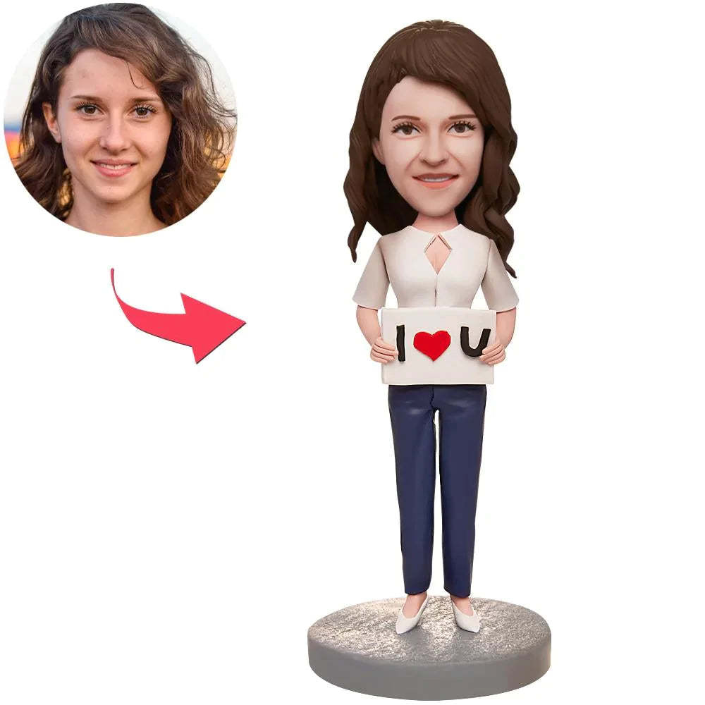 The Couple with The I LOVE U Sign Custom Bobblehead Gift for Lover - soufeeluk