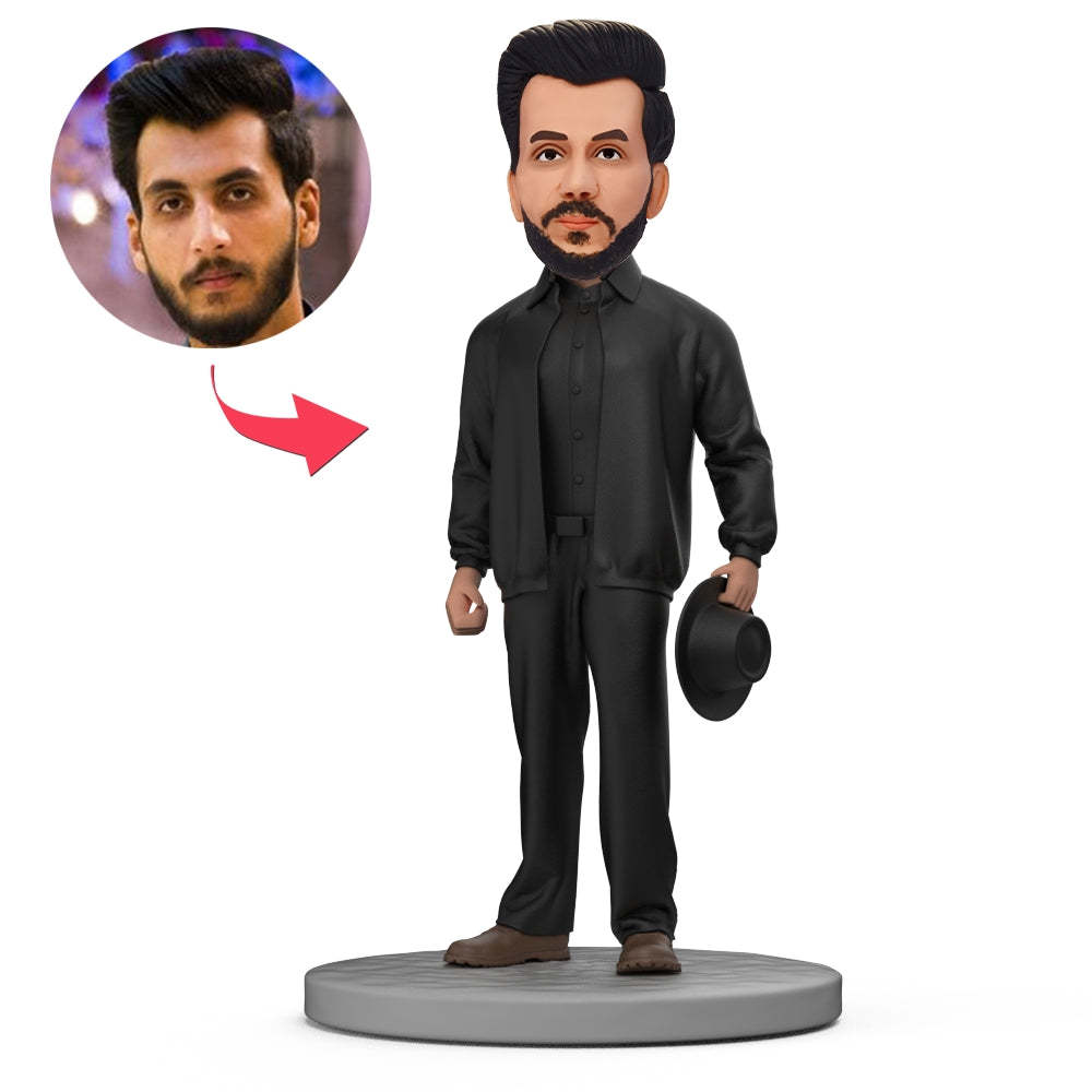 Black Jacket Man With  Bowler Hat Custom Bobblehead With Engraved Text - soufeeluk