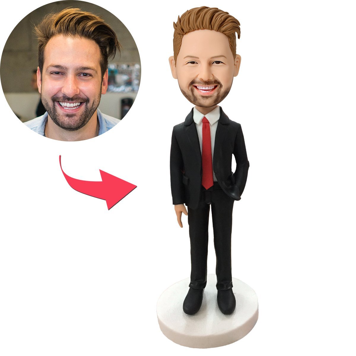 Male Executive In Red Tie Custom Bobblehead With Engraved Text