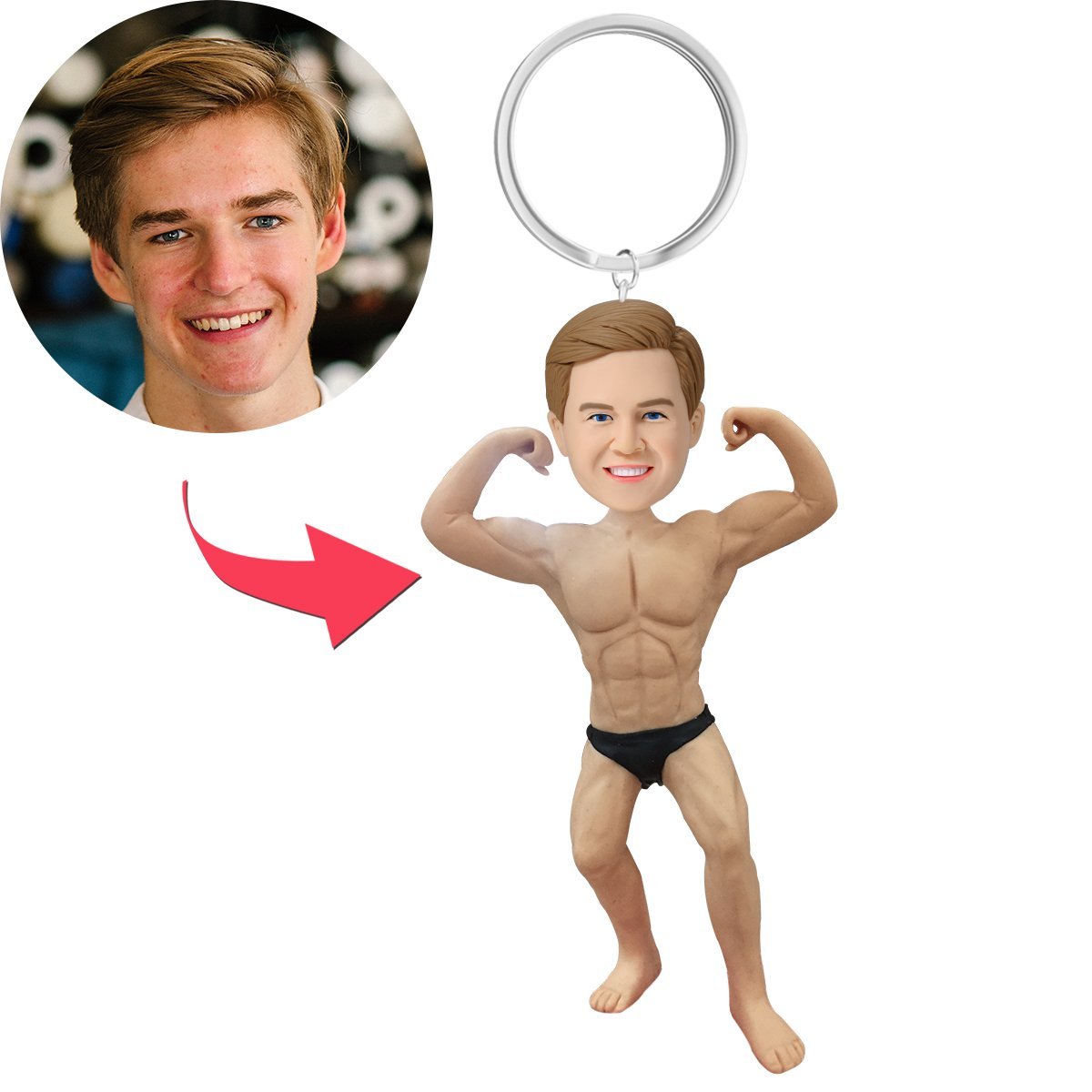 Body Builder Guy Custom Bobblehead With Engraved Text Key Chain