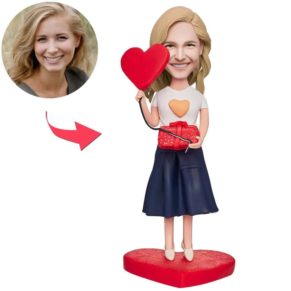 Beautiful Girl Holding a Gift Box and a Love Heart Custom Bobblehead With Engraved Text - soufeeluk