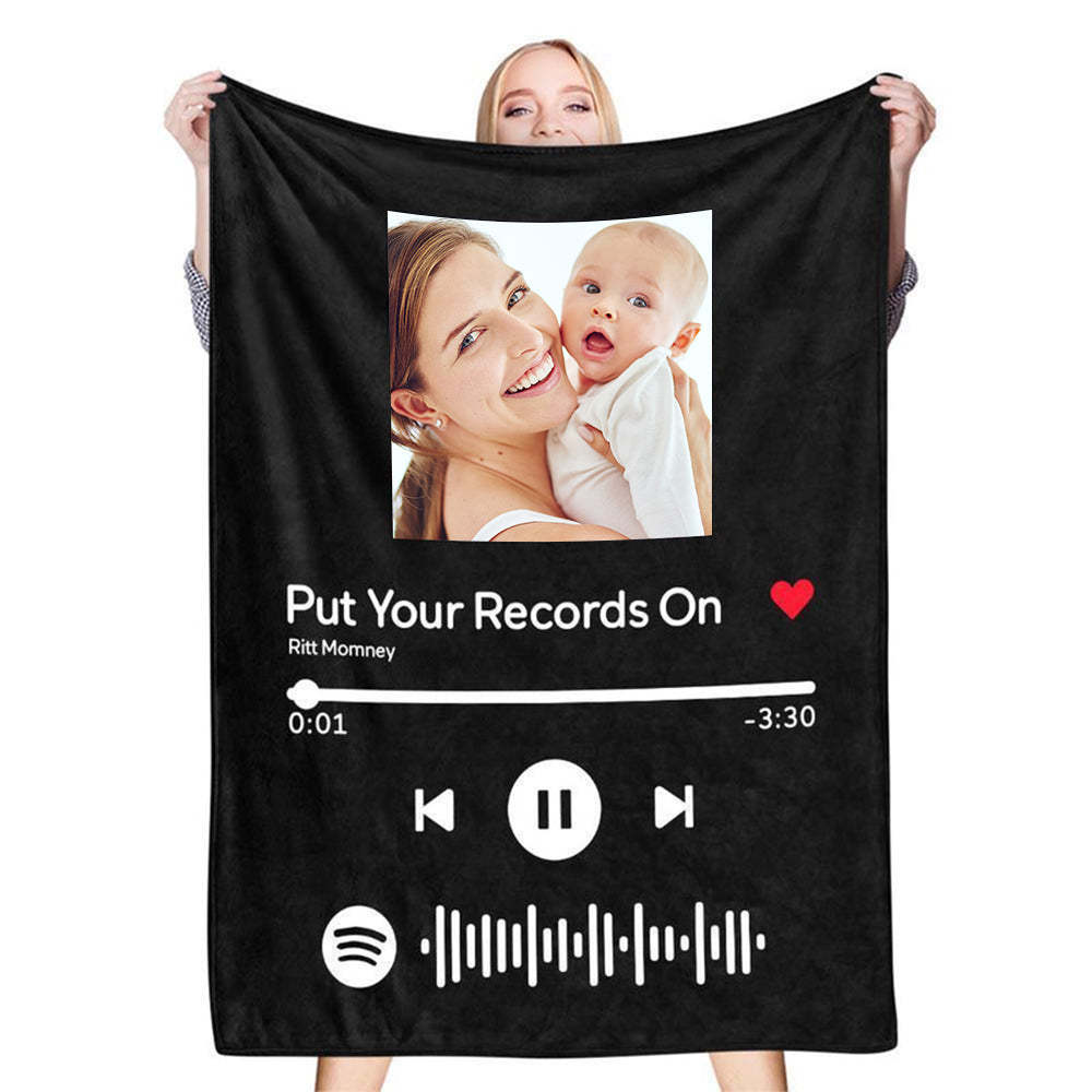 Scannable Spotify Code Photo Engraved Black Blanket Warm Thicken Blanket Optional Thickness Cozy Winter Warm Gifts for Mom