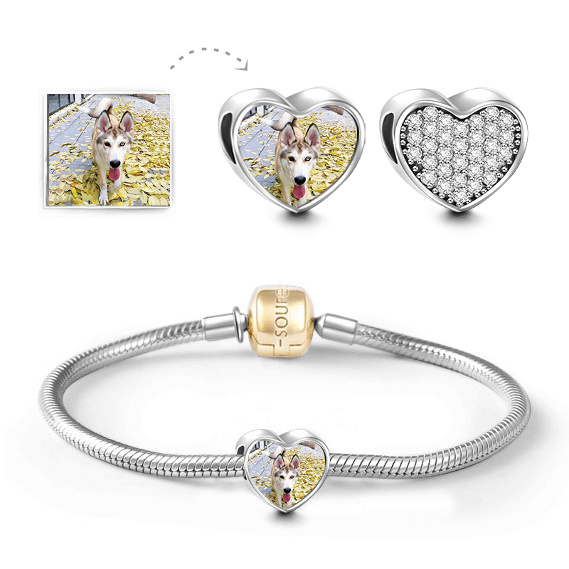 Soufeel Snake Chain Bracelet with Pave CZ Heart Photo Charm 14k Gold Plated Silver