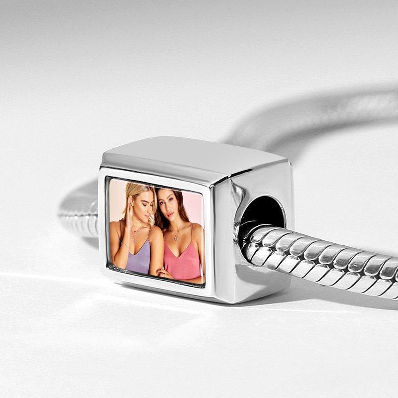 Cuboid Shaped Engraved Photo Charm Silver