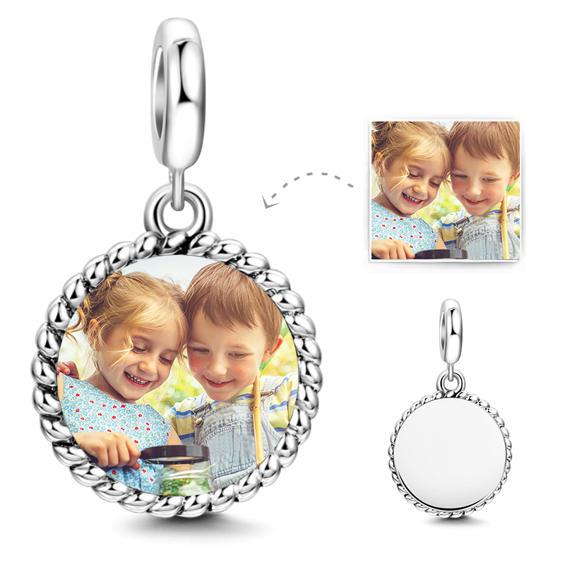 Round Shaped Dangle Photo Charm Silver