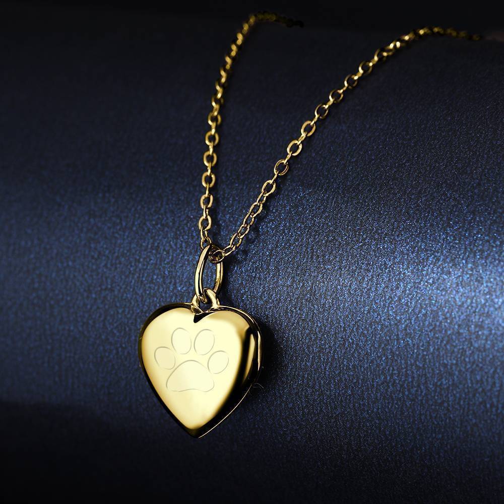 Pawprint Heart Engraved Photo Necklace 14k Gold Plated Silver