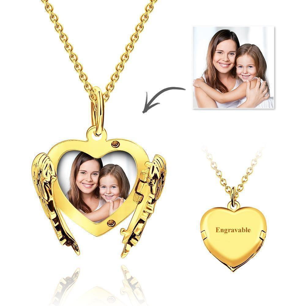 Engravable Photo Locket Necklace Personalized Heart Angel Wings Sterling Silver Gift For Mom - soufeeluk