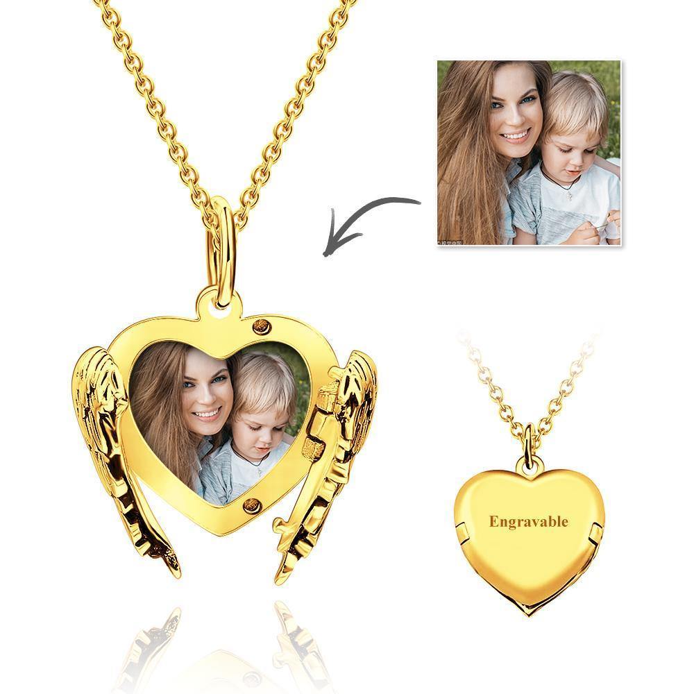 Custom Engravable Photo Locket Necklace Sterling Silver Heart Angel Wings Gifts for Mom - soufeelus