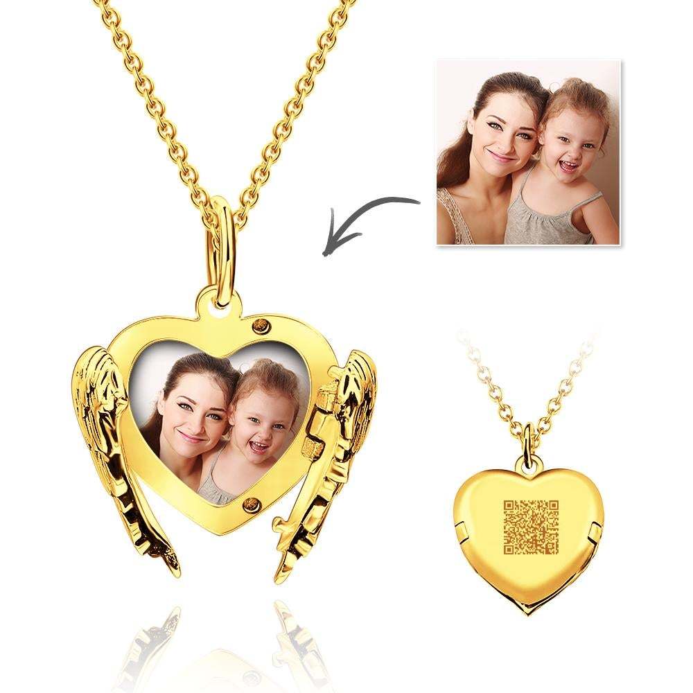 Engravable QR Code Photo Locket Necklace Personalised Heart Angel Wings - soufeeluk